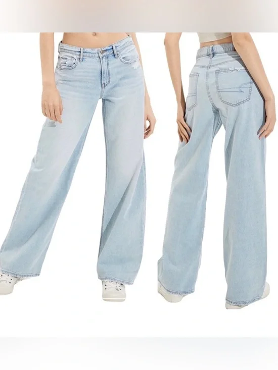 American Eagle Womens 14R AE Low Rise Skater Jean Baggy Wide Leg Light Wash - Picture 1 of 7